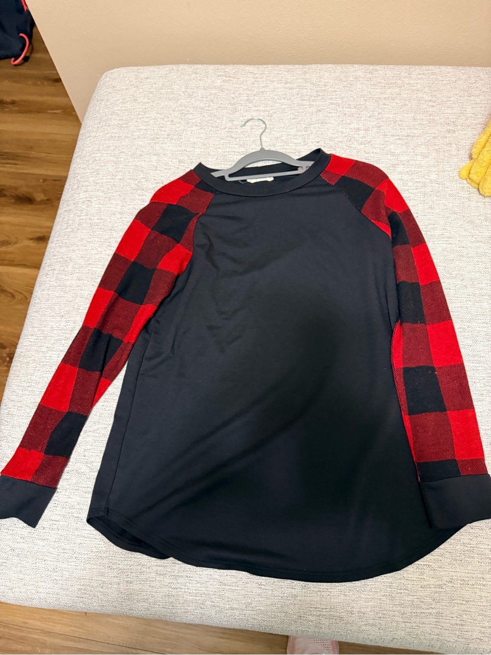 Black Raglan Top with Red Buffalo Plaid Sleeves -
